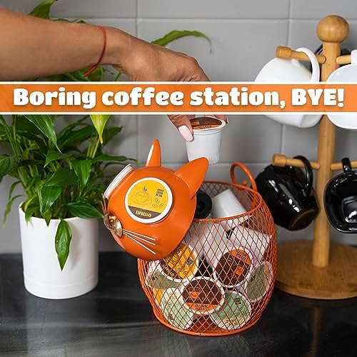 Made Easy Kit Cat Coffee Pod Holder Basket – Metal K-Cup Organizer for Countertop Coffee Bar – Cute Kitchen Décor Storag