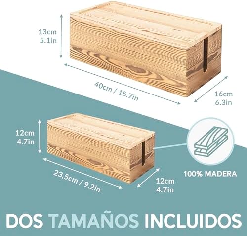 NATURE SUPPLIES Set of 2 Wooden Cable Management Boxes, Large and Medium Cord Organizer to Hide Wires and Power Strips f
