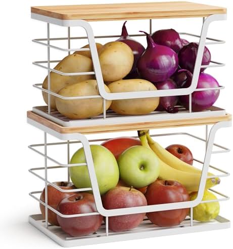 ALOCEO 2 Pack Potato and Onion Storage Bins, Large Trash Bag Holder Under Sink with Bamboo Top, Stainless Steel Pantry O