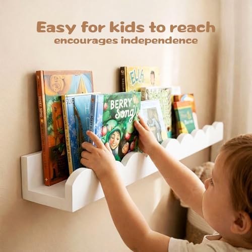 White Scalloped Nursery Shelves for Wall, 4-Pack Floating Book Shelves for Kids Room, Wall Mounted Kids Bookshelves for Bedroom, Playroom, Book and Decor Display