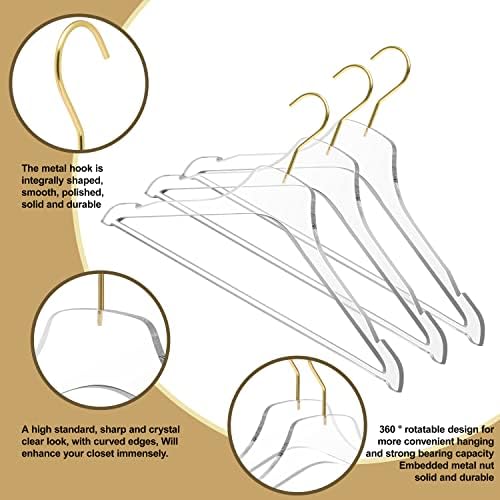 Quality Acrylic Clear Lucite Hangers 20-Pack with Bar Matte Gold Hanging Hooks for Clothes, Pants, Suit Jackets, Coats, and Shirts, Closet and Wardrobe Organization (Matte Gold Hook, 20)