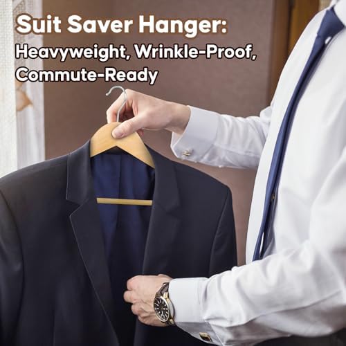 Suit Hangers, 6 Pack Heavy Duty Wooden with Extra Wide Shoulder, 17.5" Luxury Coat for Closet, Natural with 360 Swivel Hook & Strong Pant Bar