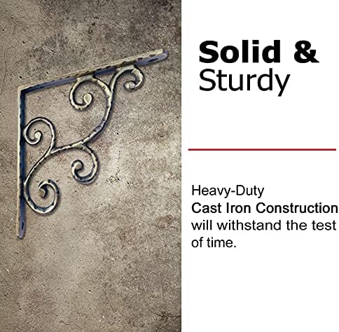 NACH Decorative Shelf Brackets, 2 Pack of 5.5 x 0.7 x 5.5 inch, Antique Brass Cast Iron Shelving Brackets - Metal Shelf 