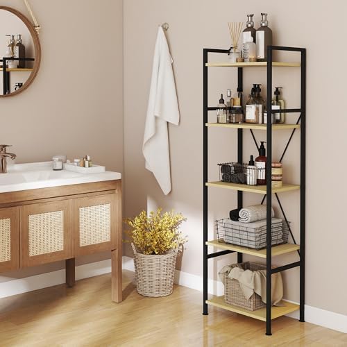 5 Tier Industrial Bookshelf, Storage Organizer, Natural Oak
