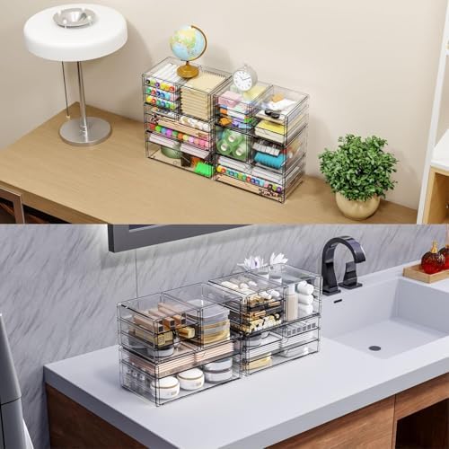 Yieach 3Pack Clear Drawer Organizers Stackable,Acrylic Storage Drawers With 10 Drawers,Multipurpose Office Supply Organi