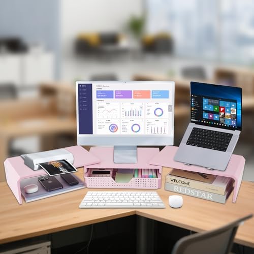 LEKETREE Dual Monitor Stand Riser with Drawer, Desk Organizer and Accessories, Pink Monitor Stand for Desk, Desktop Stan