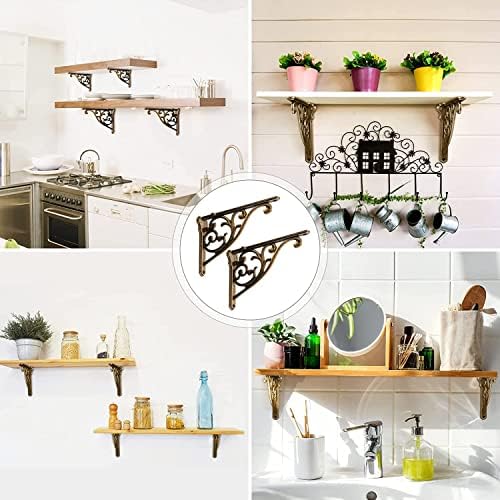 Khtumeware Ornate Decorative Shelf Brackets, 5x3.5 inch Small wall Mounted Shelving Bracket, 2 Pack Antique Brass Vintag