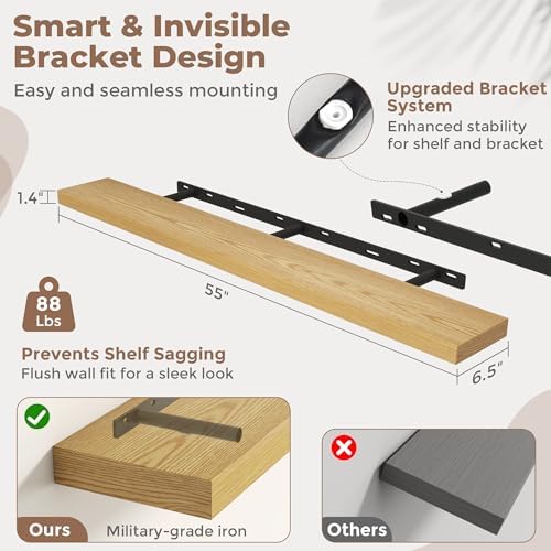 55 Inch Floating Shelves for Wall, 6.5"D Wood Storage Shelves, Oak Finish