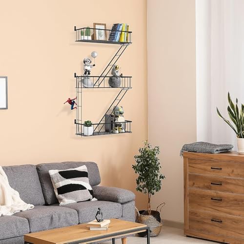 Fire Escape Wall Shelf - 3 Tier Trinket & Action Figure Display with Screwdriver & Screws, Unique Rustic Floating Action