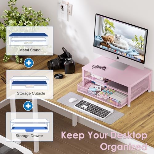 OPNICE Computer Monitor Stand Riser, Desk Organizer with Drawer, Printer & Laptop Stand, Office Desk Accessories & Works