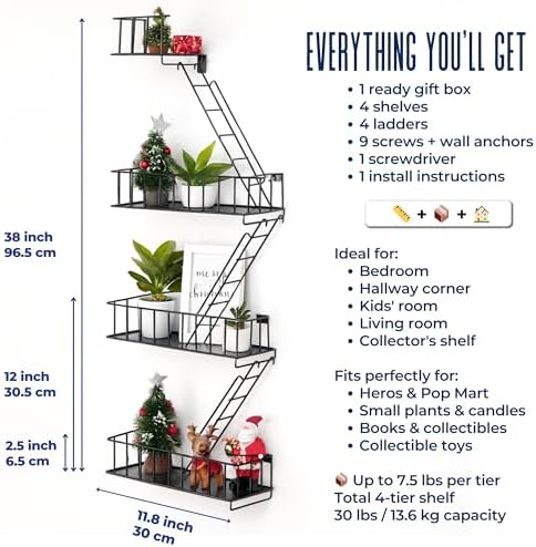 Fire Escape Shelf, 3.5 Tier Floating Ladder Shelf for Wall Decor & Storage