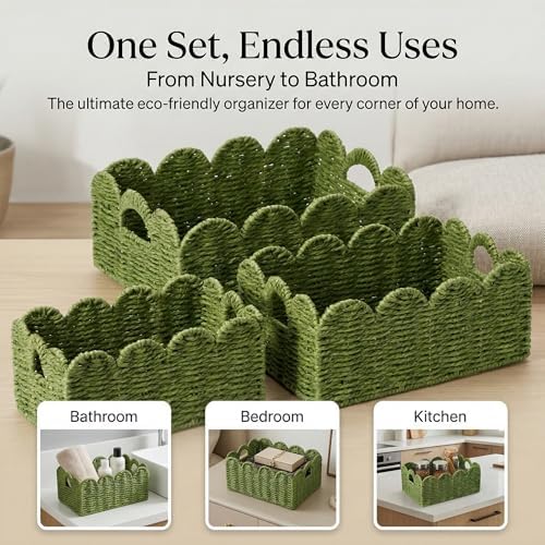 Scalloped Wicker Basket Set of 3, Hand-Woven Storage with Handles