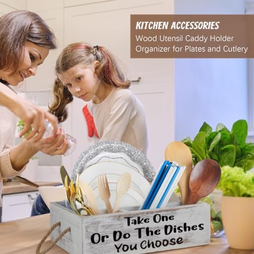Suzile 2 Pcs Paper Plate Caddy Kitchen Utensil Holder, Wooden Organizer Set
