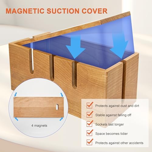 Elitzia Cherry Wood Cable Management Box for Desk Office, Magnetic Lid