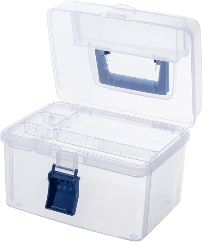 MyGift 10 Inch First Aid Clear Bin with Detachable Tray and Blue Quick Access Top Lid Flap, Portable Emergency Kit, Medical Supply Travel Tote, Medicine Storage Box Container (Navy)