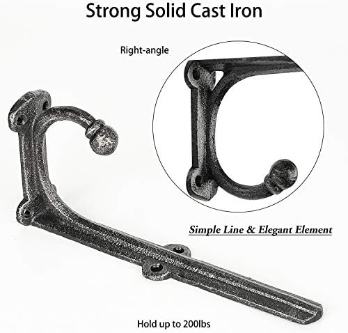 Metal Wall Shelf Brackets 8 Inch with Hooks Heavy Duty Brackets for Floating Shelves, Cast Iron Shelf Bracket Black 2 Pa