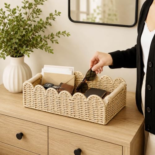 2 Pack Scalloped Wicker Storage Baskets with Wood Handle