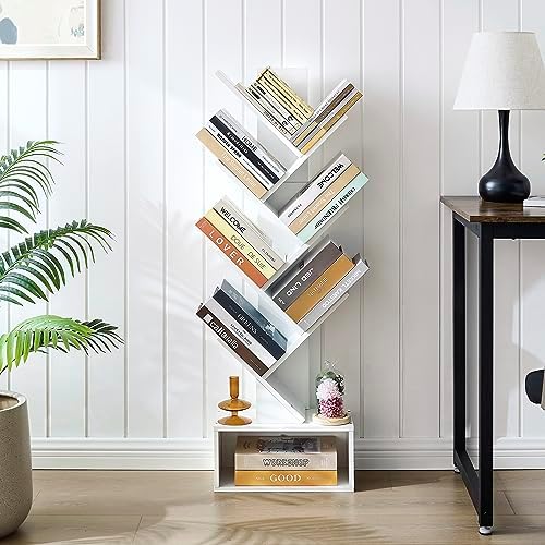 Hoctieon 6 Tier Tree Bookshelf, Tall Bookcase with Drawer, Freestanding Book Shelf, Display Floor Standing Storage Shelf