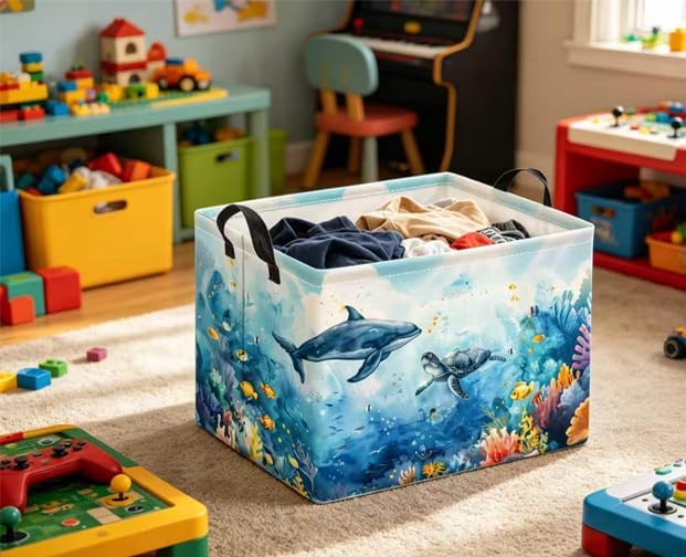 Rectangular Baby Kids Storage Basket for Home Kitchen Girls Cute Toy Storage Bin Organizer Shelf Book Room Decor(Marine Animals)