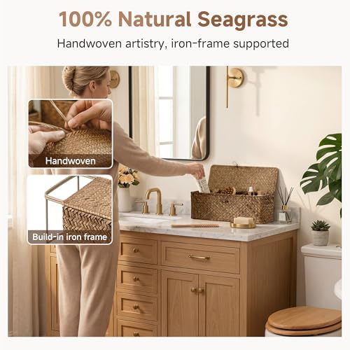 StorageWorks Wicker Basket with Lids, Large Toilet Paper Basket, Seagrass