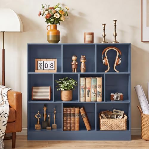 YAHARBO 3 Tier 10 Cube Long Horizontal Bookshelf, Under Window, Dark Blue