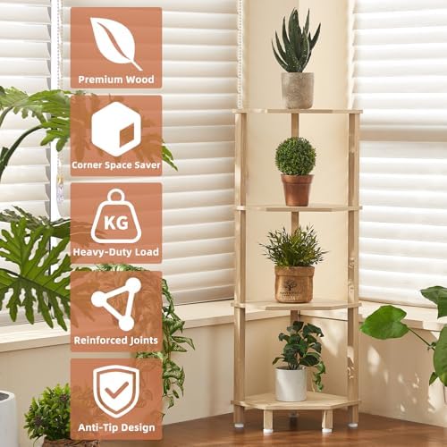 YUFAM 4-Tier Corner Shelf, Natural