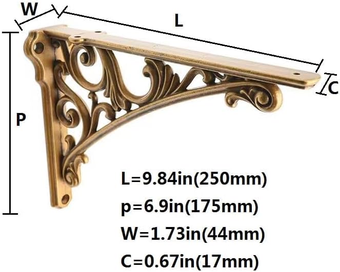 Decorative Shelf Bracket 10 inch, Antique Brass Shelf Brackets for Shelving, Heavy Duty Vintage, DIY Projects, Hardware 