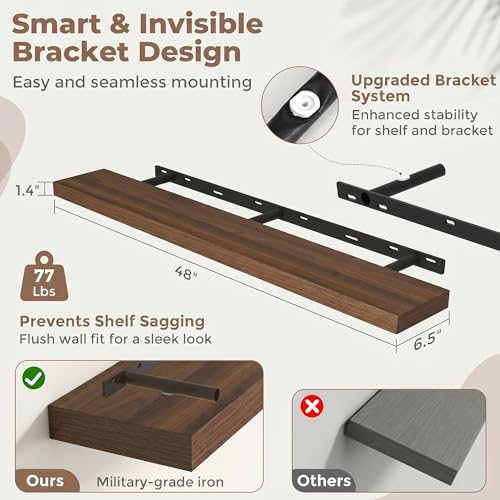 48In Floating Shelves for Wall, 6.5"D Wood Storage Shelves, Walnut Finish
