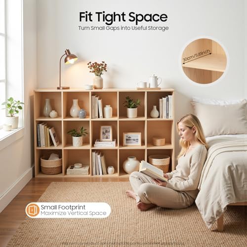 15-Cube Solid Wood Bookshelf, 3-Tier Storage Organizer Semi-Open Floor Display Shelf Closet Cabinet for Home Office Libr