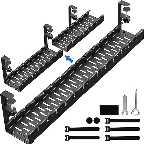 No Drilling Extendable Under Desk Cable Management, Metal Cable Management Tray Under Desk with Clamp, Retractable Power