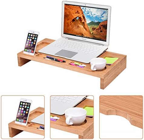 Tangkula Bamboo Monitor Stand Riser, Home Office Laptop Monitor Riser, Desktop Laptop Computer PC Screen Stand, TV Monit