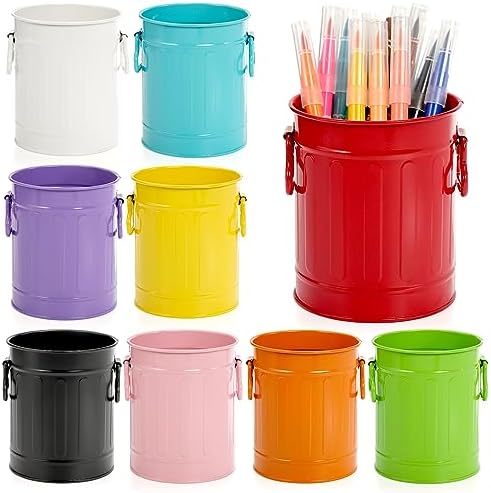 Noamus 9 Pack Metal Pen Holder, Mini Pencil Bucket with Handle, Desktop Pencil Cup Makeup Brush Organizer, Desk Colorful Small Pails, Stationary Supplies Container for Office Classroom School Crafts