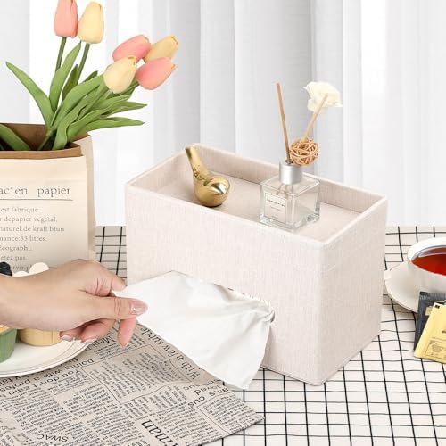 Sumnacon Tissue Box Cover with Storage Tray Rectangular Tissue Holder,Beige