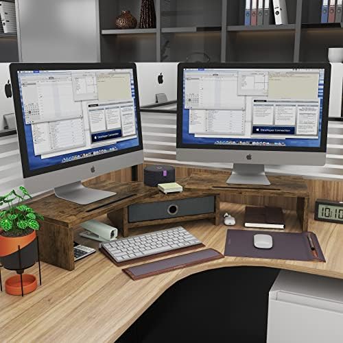 WESTREE Dual Monitor Stand Riser with Drawer, 3 Shelf Computer Monitor Riser with Adjustable Length and Angle, Desktop M