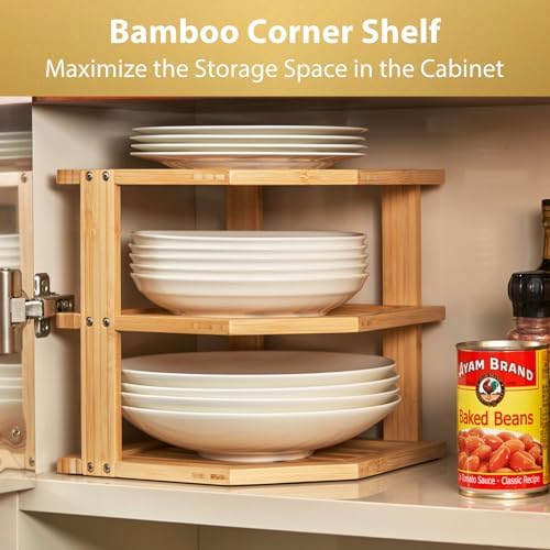 Umilife Plate Organizer for Cabinet, Bamboo Corner Shelf, Dish & Bread Organizer, Spice Rack, Kitchen Bathroom Counterto