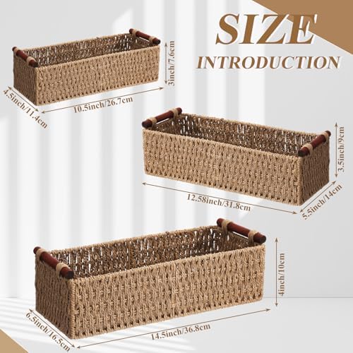 Boao 3 Pcs Boho Storage Wicker Baskets Handmade Woven Decorative Paper Rope Baskets for Organizing with Handle Counterto