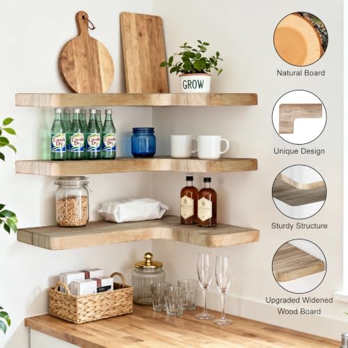 Floating Corner Shelves, Wall Shelf Set of 3, Shelves for Wall Storage, Solid Wood Shelves for Storage, Wall Mount Woode