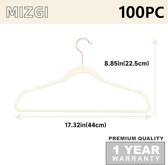 MIZGI Premium Velvet Hangers 100 Pack Heavy Duty - Non Slip Felt Hangers - Velvet Suit Hangers Ivory - Rose Gold Hooks,Space Saving Clothes Hangers