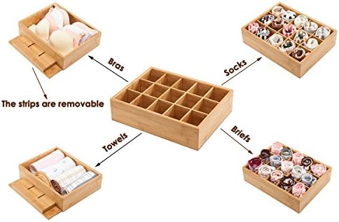 GOBAM Bamboo Closet Drawer Divider - Storage Organizer with 15 Compartments, Drawer Organizer, Storage Box for Belts, Ti