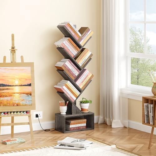 Hoctieon 6 Tier Tree Bookshelf with LED Lights, Small Bookcase, Freestanding Book Shelf, Display Floor Standing Storage 