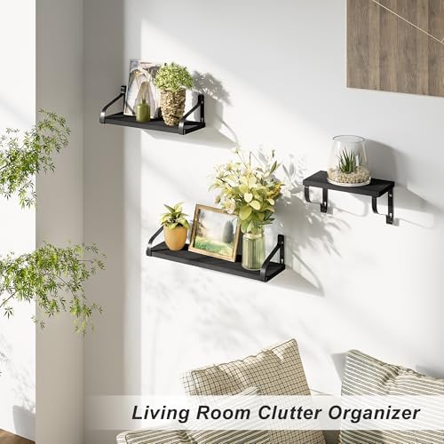 Love-KANKEI Black Floating Wall Shelves,Solid Wood/Metal Bracket,Set of 3