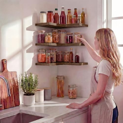 Corner Floating Shelves for Wall Mounted L-Shaped Wood Corner Wall Shelf, Hanging Shelf for Bathroom, Bedroom, Kitchen, 