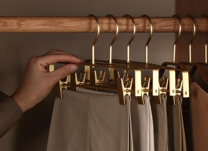 Premium Matte Gold Aluminum Pants Clip Hanger 10 Pack, Extra Smooth & Durable Metal Shirt Dress Aluminum Alloy Hanger,Clothing Support,Clothing Hang