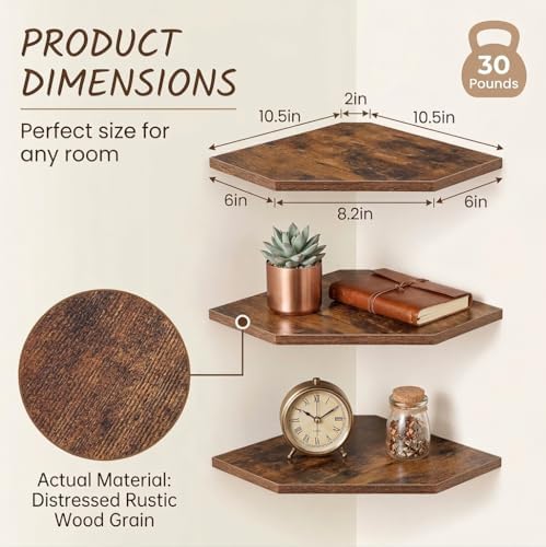 SUYU Set of 3 Floating Corner Shelves, 11.8" Rustic Wood Corner Shelf Wall Mounted, L-Shaped Corner Wall Shelf for Bathr