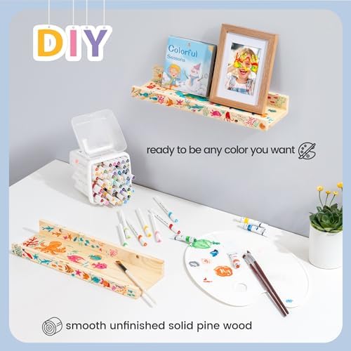 Picture Ledge Shelf for Wall, 16 inch Solid Pine Wood Nursery Book Shelves 2 Packs, Floating Ledge Shelves for Kids' Room Bedroom Bathroom Living Room Photo Frames Office Nursey Wall Decor, Natural