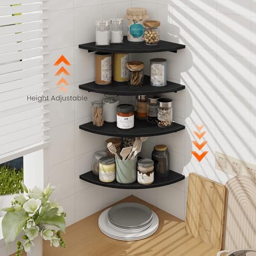 Homode Corner Shelf Wall Mount, 4 Tier Rounded Corner Floating Shelves, 12 Inch Deep Hanging Corner Shelf Storage, Wood 
