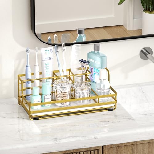 HapiRm Toothbrush Holders for Bathroom - 5 Partitions Bathroom Counter Organizer with Instant Drying Stone, Stainless St