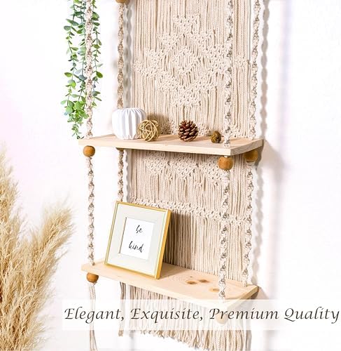 Macrame Wall Hanging Shelf 3 Tier Boho Wall Plant Hanger Shelves, Handmade of Woven Rope Boho Shelves Organizer for Living Room Bathroom Home Storage Floating Plant Rack Bohemian décor