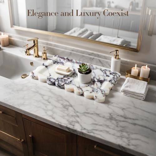 SAMAH Calacatta Viola Natural Marble Tray, Scalloped Bathroom Tray, Luxury Stone Decorative Trays for Bathroom, Vanity, 