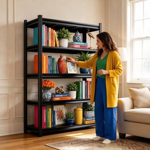 PRESTELION 5-Tier Metal Bookshelf, No Assembly, Adjustable Tall Bookcase